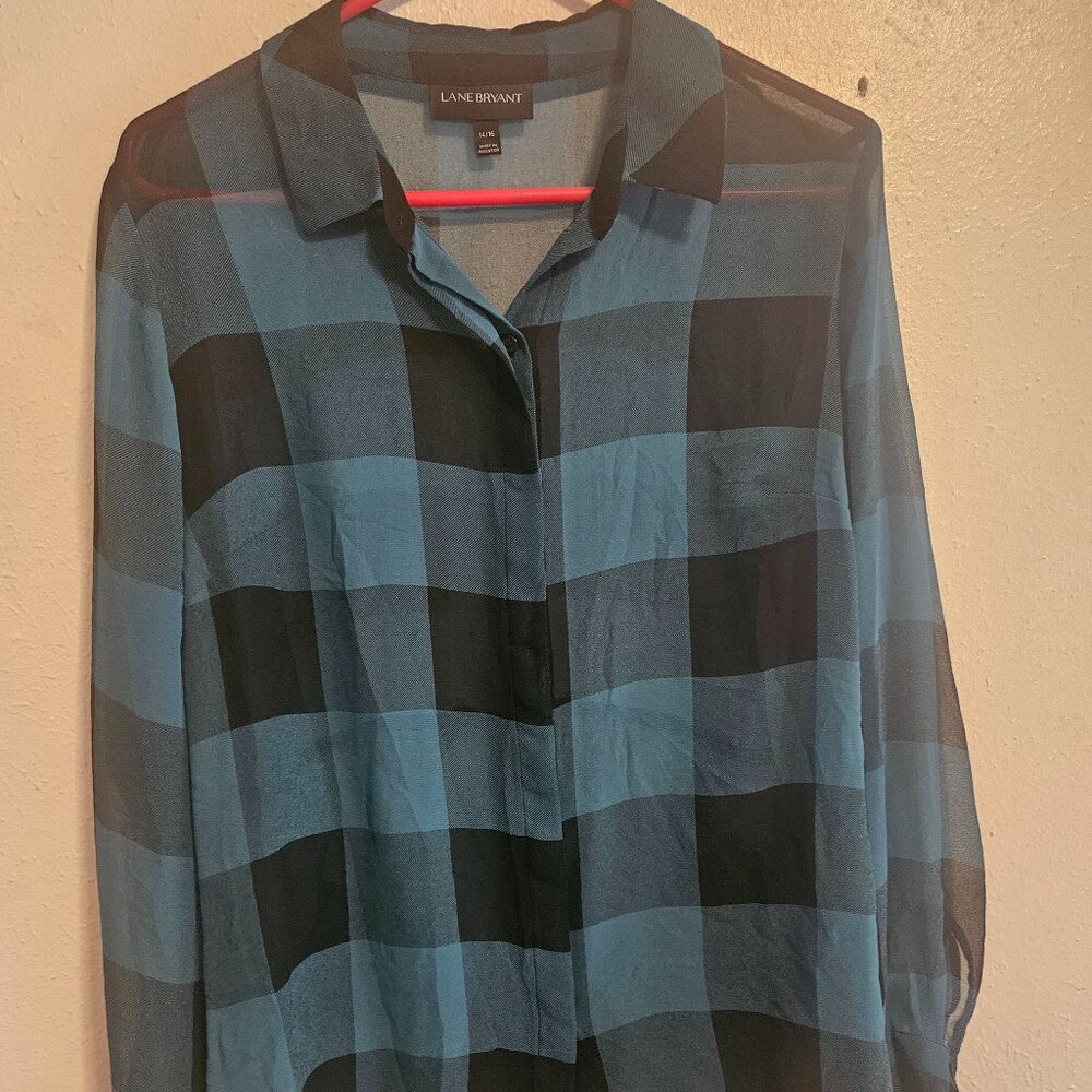 Lane Bryant Sheer Buffalo Plaid Hi-Lo Button Down Shirt Plus Size 14/16